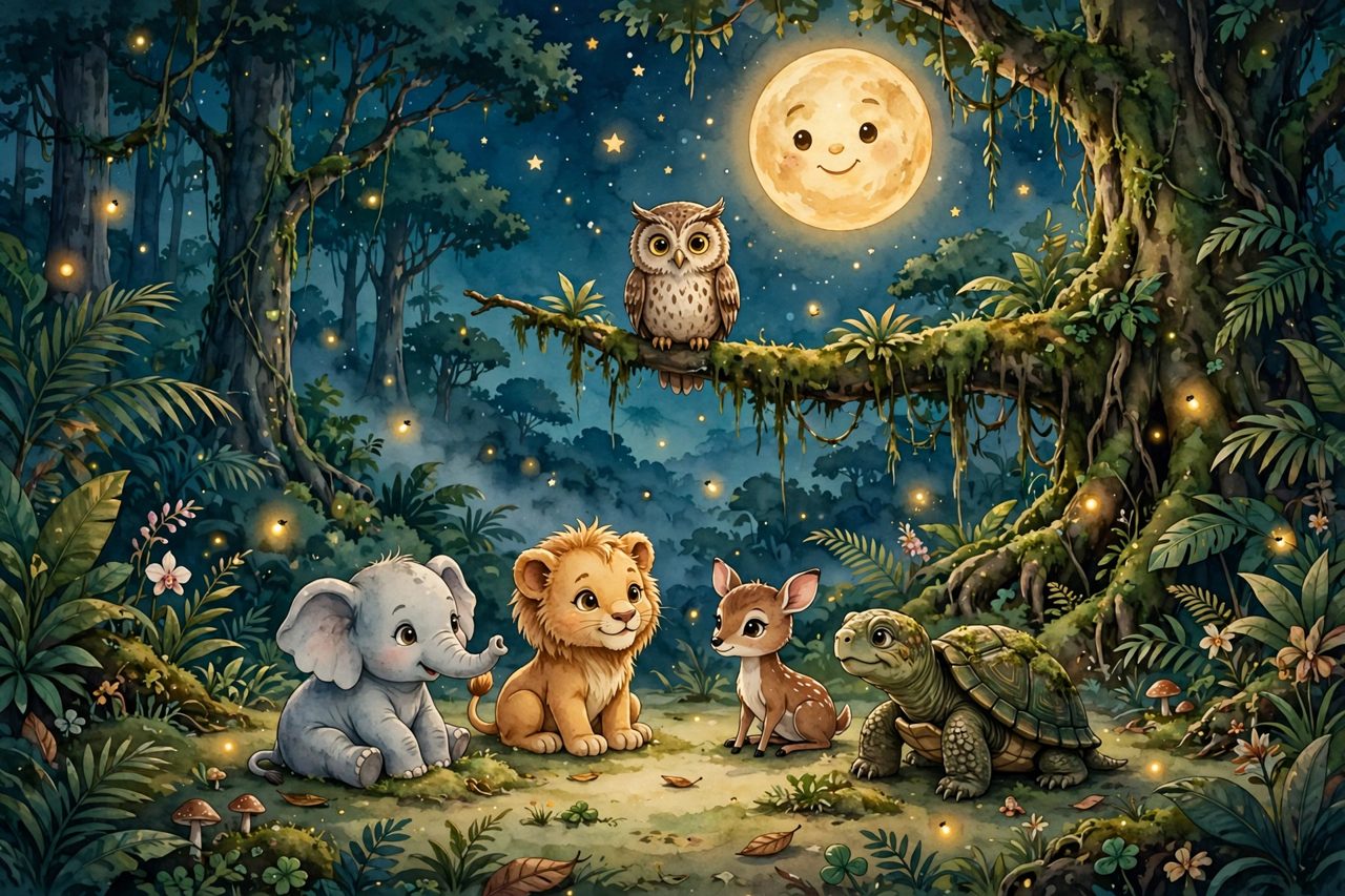 The Rimba friends — Nara the elephant, Raka the lion cub, Luma the owl, Kiki the mousedeer and Sasa the turtle — gathered under a smiling moon